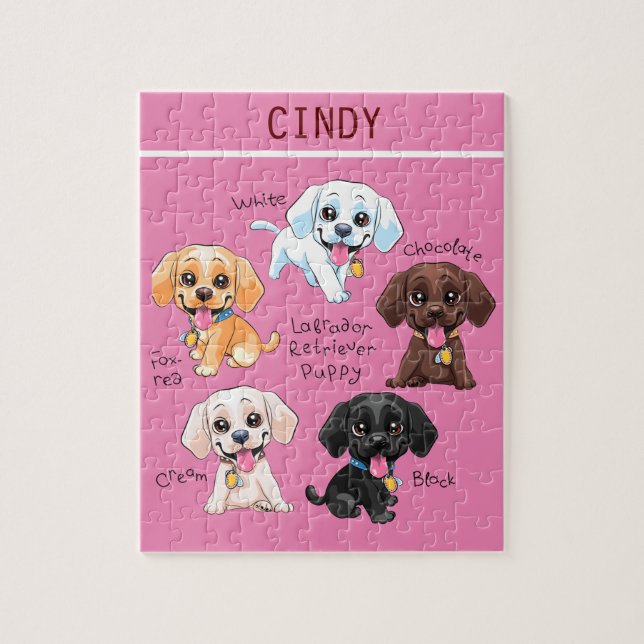 Five puppies puzzle with personalised name. (Vertical)
