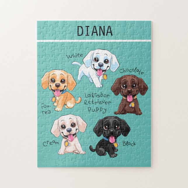 Five puppies puzzle with personalised name. (Vertical)