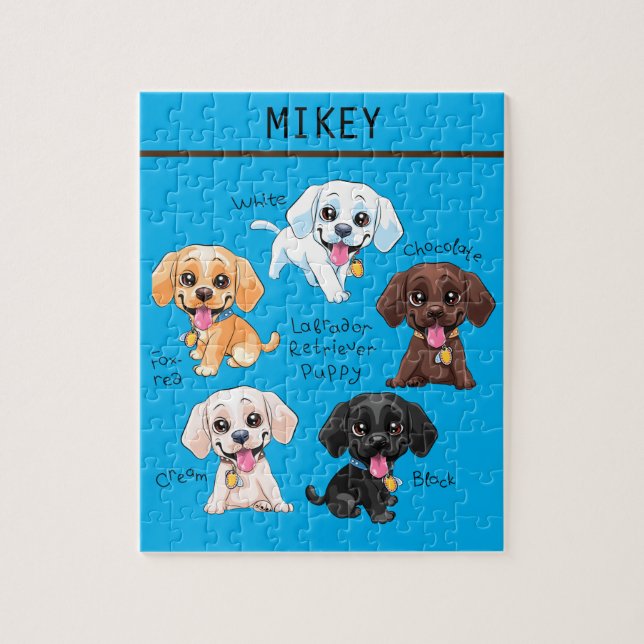 Five puppies puzzle with personalised name. (Vertical)