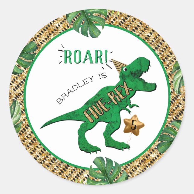 Five-Rex Dinosaur 5th Birthday Classic Round Sticker (Front)