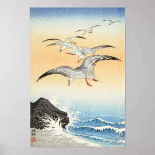 Five seagulls above turbulent sea by  Ohara Koson Poster