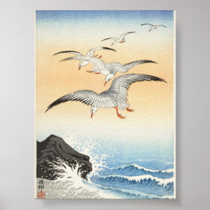 Five Seagulls Above Turbulent Sea by Ohara Koson  Poster