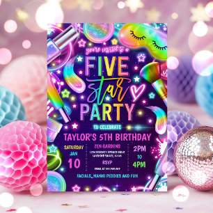 Five Star Party Neon Glow Spa Makeup 5th Birthday Invitation