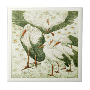 Five Storks in a Meadow Dutch Victorian Art Tile