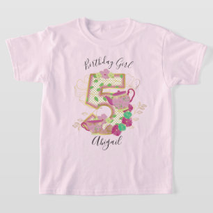 Five Tea Party Birthday Girl Floral T-Shirt
