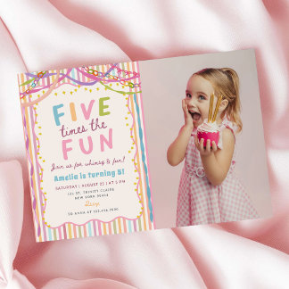 Five Times The Fun Colourful 5th Birthday Photo Invitation