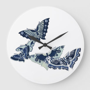 Five Vintage Blue Butterflies Large Clock