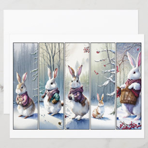Five whimsical snow bunnies Christmas bookmark set
