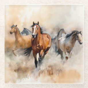 “Five Wild Mustangs” Dusty Western Watercolour Glass Coaster