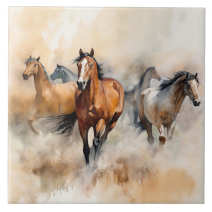 “Five Wild Mustangs” Dusty Western Watercolour Tile