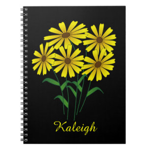 Five Yellow Flowers on Black Personalised Notebook