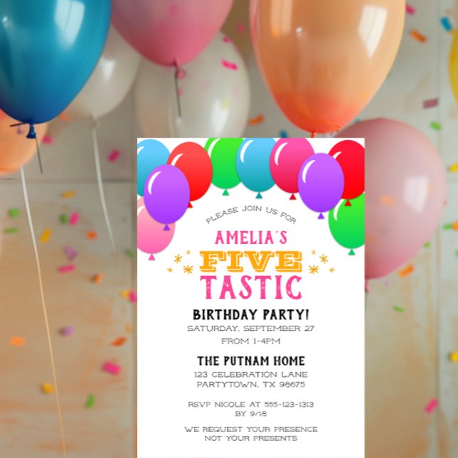 FIVEtastic 5th Birthday Balloon Banner Pink Invitation (Creator Uploaded)