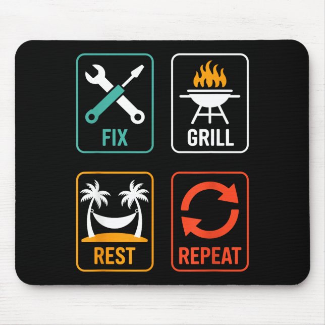 Fix Grill Rest Repeat Funny BBQ Grilling Dad Mouse Mat (Front)