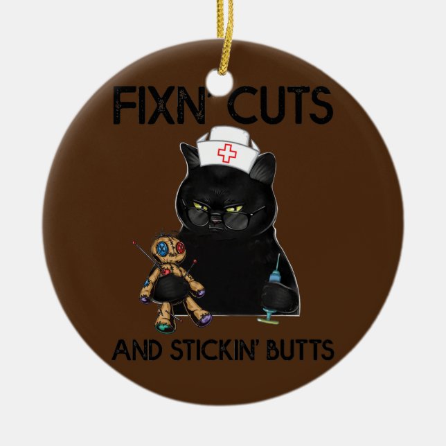 Fixng Cut And Sitcking Butt Cat Nurse Stab  Ceramic Tree Decoration (Front)