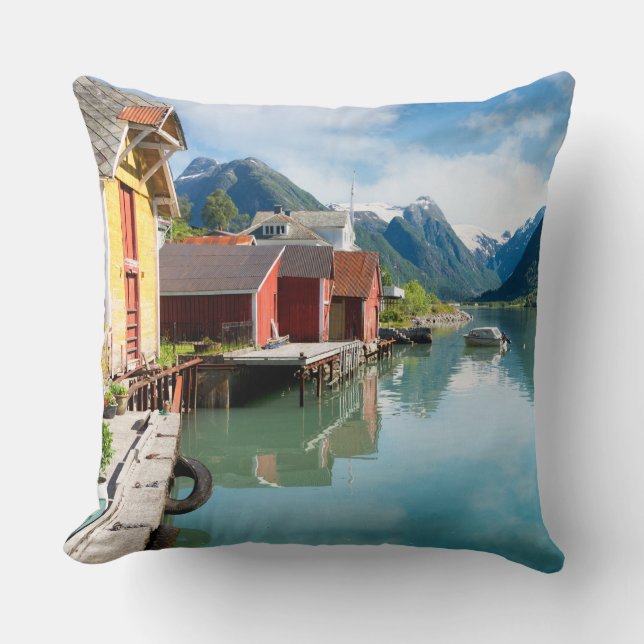 Fjaerlandsfjord fjord landscape in Norway Cushion (Front)