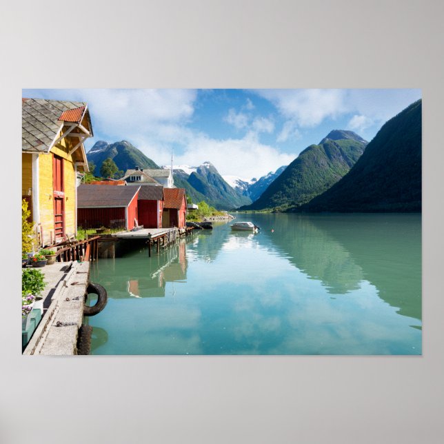 Fjaerlandsfjord fjord landscape in Norway Poster (Front)