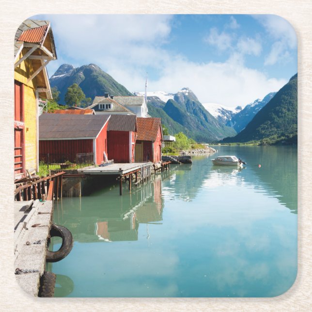 Fjaerlandsfjord fjord landscape in Norway Square Paper Coaster (Front)