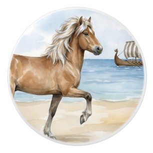 Fjara Icelandic Horse watercolor on the Beach Ceramic Knob