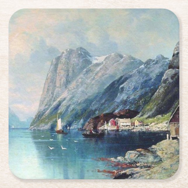 Fjord in Norway painting by Lev Lagorio Square Paper Coaster (Front)