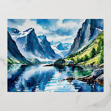Fjord landscape watercolor painting