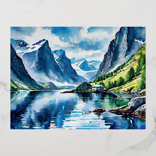 Fjord landscape watercolor painting foil holiday postcard (Front)