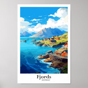 Fjords Norway Art Vintage Travel Illustration Poster