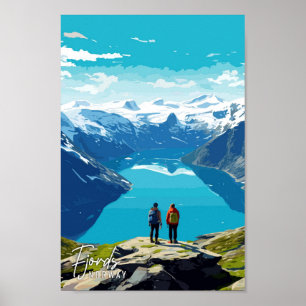 Fjords Norway Art vintage travel illustration Poster