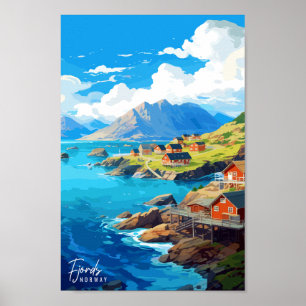 Fjords Norway Travel Art Vintage Illustration  Poster