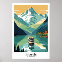 Fjords Norway Travel Art Vintage Illustration