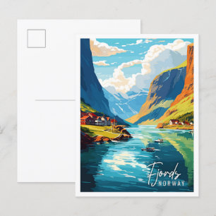 Fjords Norway vintage travel illustration Postcard