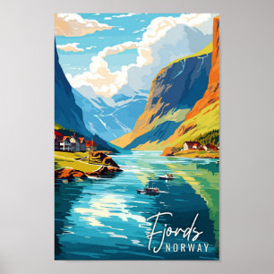 Fjords Norway vintage travel illustration Poster