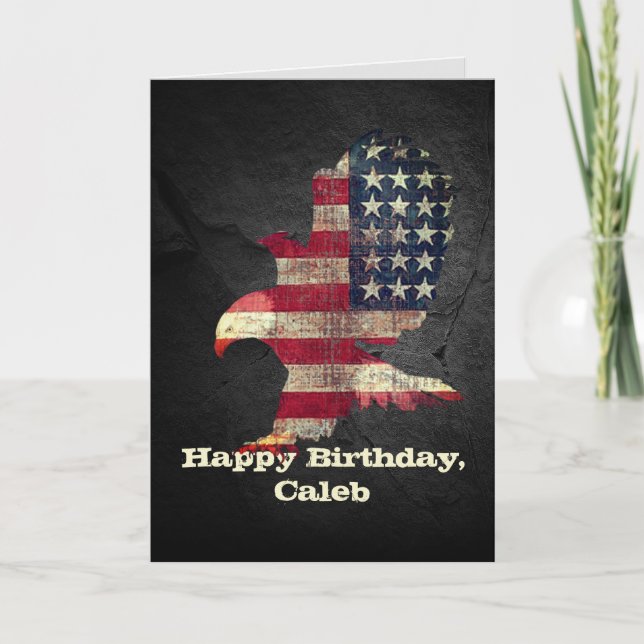 Flag and Bald Eagle Birthday with Name Card (Front)