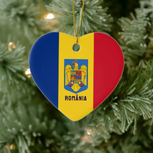 Flag and Coat of Arms of Romania Ceramic Tree Decoration