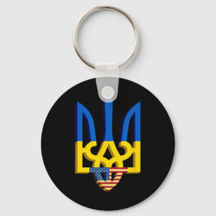 Flag And Coat Of Arms Of Ukraine With American Fla Key Ring