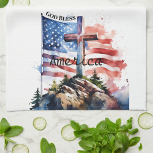 Flag and cross "God Bless America" Tea Towel
