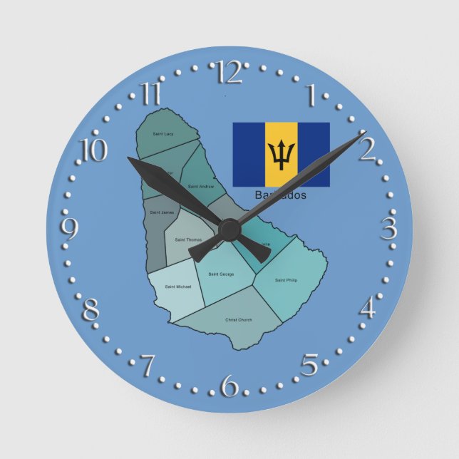 Flag and Map of Barbados Round Clock (Front)
