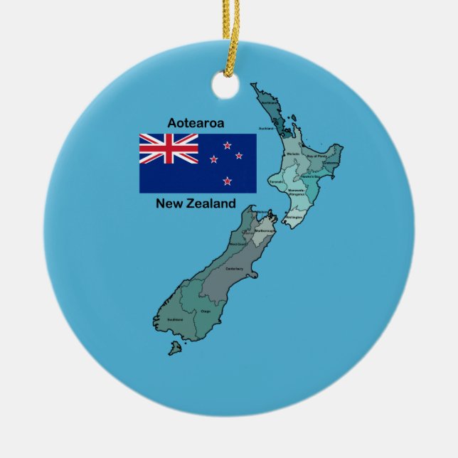 Flag and Map of New Zealand Ceramic Tree Decoration (Front)