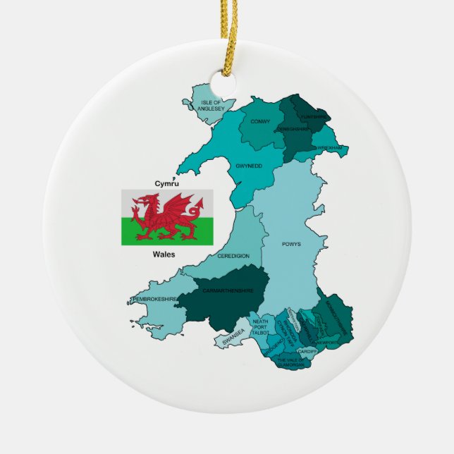 Flag and Map of Wales Ceramic Tree Decoration (Front)