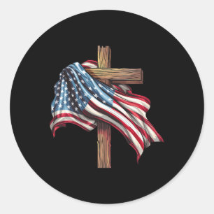 Flag Christian Cross Jesus 4th Of July Men Women Classic Round Sticker