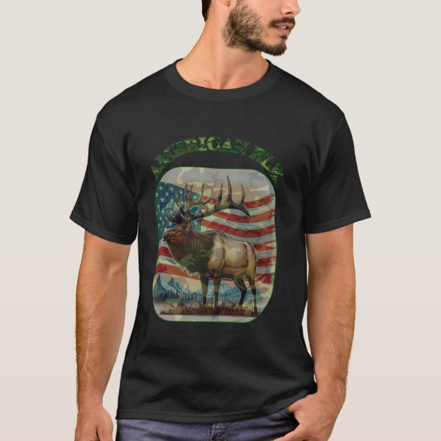 Flag Elk Hunting Camouflage USA Hunter T-Shirt (Front)