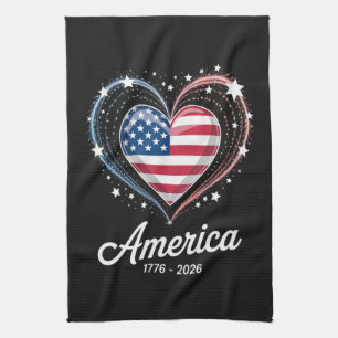 Flag Heart 1776 2026 July 4th 250th Birthday Tea Towel