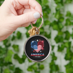 Flag Heart Leopard 1776 2026 July 4th  Key Ring