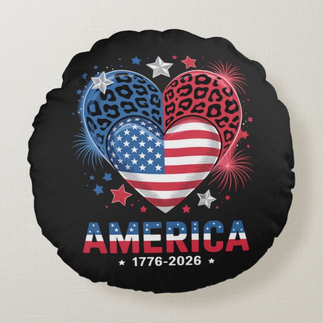 Flag Heart Leopard 1776 2026 July 4th Round Cushion (Front)