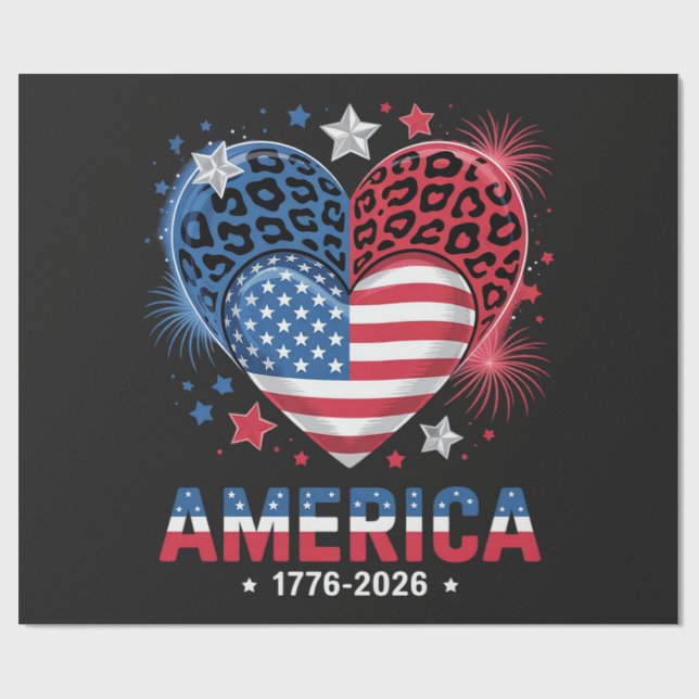 Flag Heart Leopard 1776 2026 July 4th Wrapping Paper (Flat)