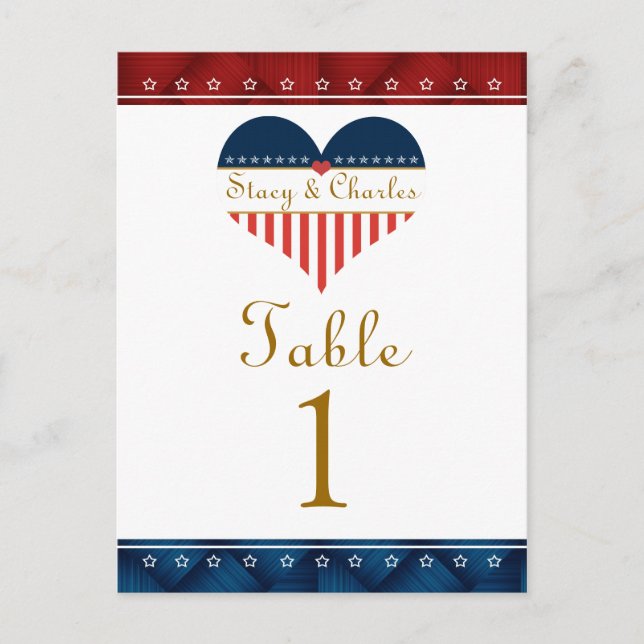 Flag Heart Patriotic Wedding Table Number Cards (Front)