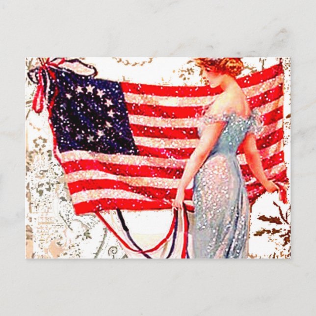 Flag Lady July 4th Vintage Postcard Art (Front)