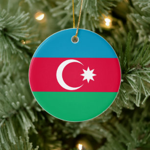 Flag of Azerbaijan Blue Red Green Crescent Moon Ceramic Tree Decoration