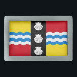 Flag of Bedfordshire Belt Buckle<br><div class="desc">Belt Buckle with a flag of historic county of Bedfordshire,  in England,  Great Britain; red and gold flag with black vertical band with tree white scallops in the centre</div>