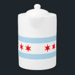 Flag of Chicago, Illinois<br><div class="desc">Teapot with flag of city of Chicago (largest city in Illinois),  white and light blue striped flag with four red stars</div>