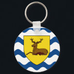 Flag of Hertfordshire Keychain<br><div class="desc">Keychain with design with a flag of historic county of Hertfordshire,  in England,  Great Britain; flag with an illustration of a stag in a yellow shield on white and blue wavy background</div>